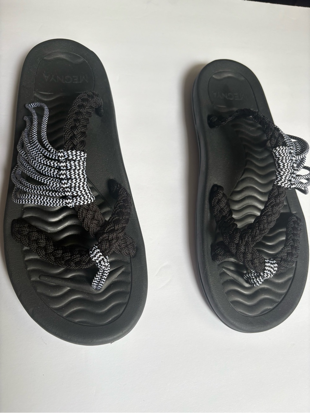 MEGNYA Black Sandal Slides with Black and White Braided Rope Straps